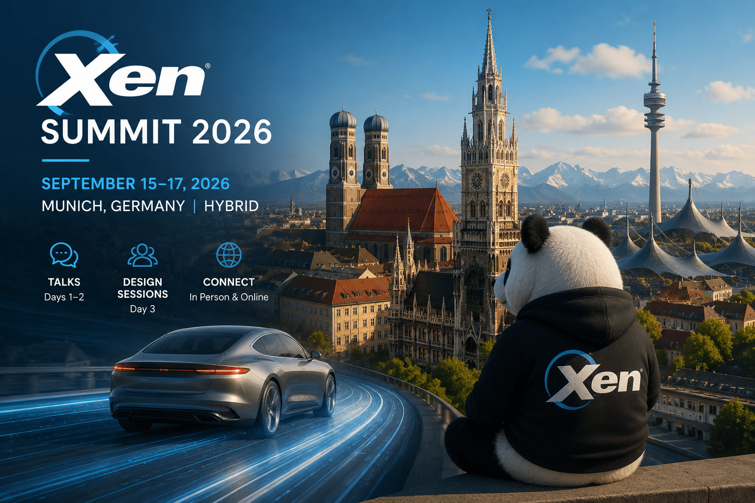 Xen Summit 2026 Xen Summit 2026 banner featuring Munich, the Xen panda, and automotive technology themes